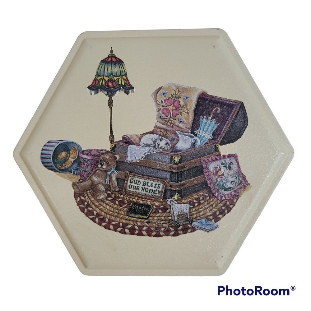 Vintage Tin God Bless Our Home Teddy Bear Cat Trunk Victorian Elements Cute!